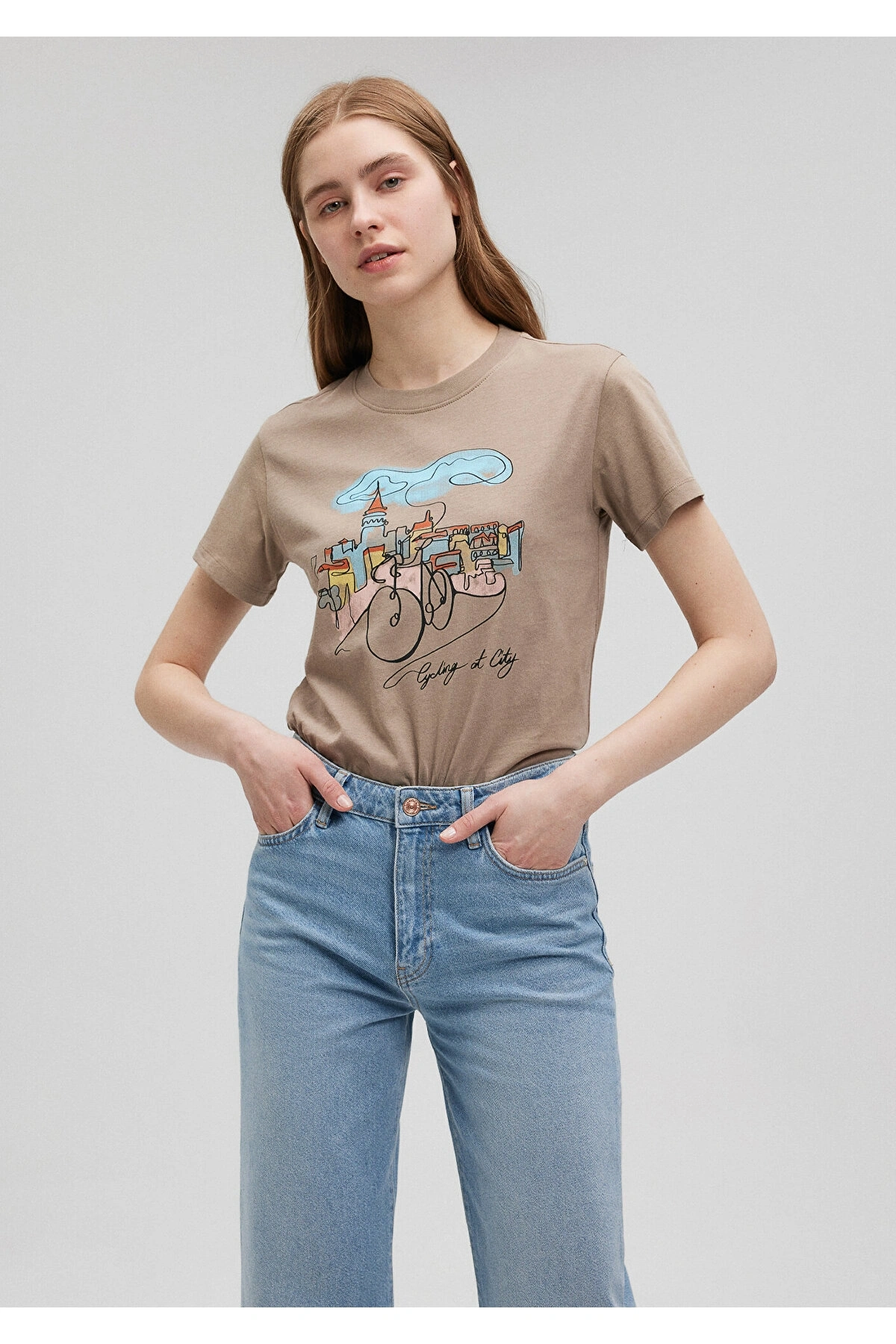 Mavi Bisiklet Baskılı Kahverengi Tişört Slim Fit / Dar Kesim