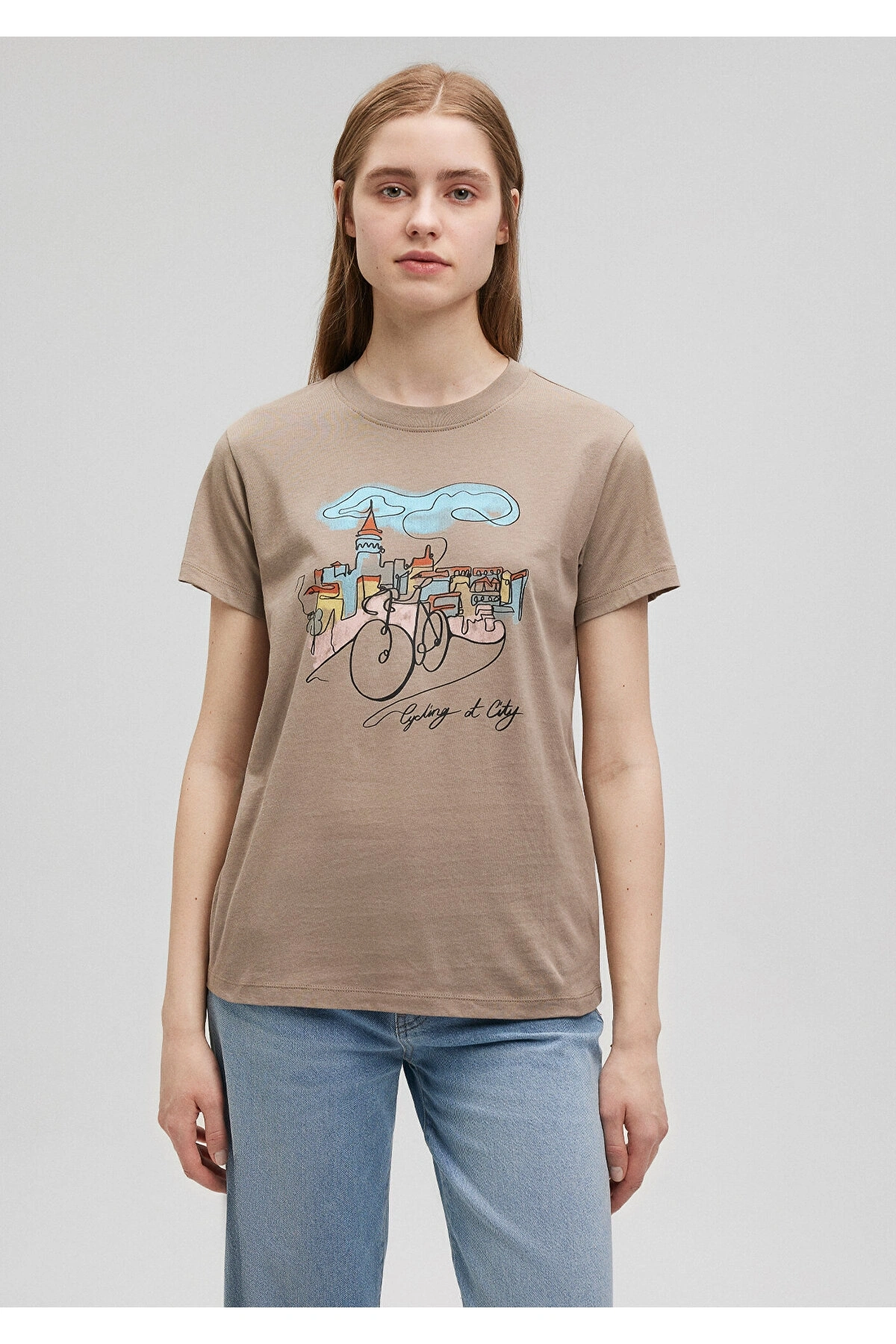 Mavi Bisiklet Baskılı Kahverengi Tişört Slim Fit / Dar Kesim