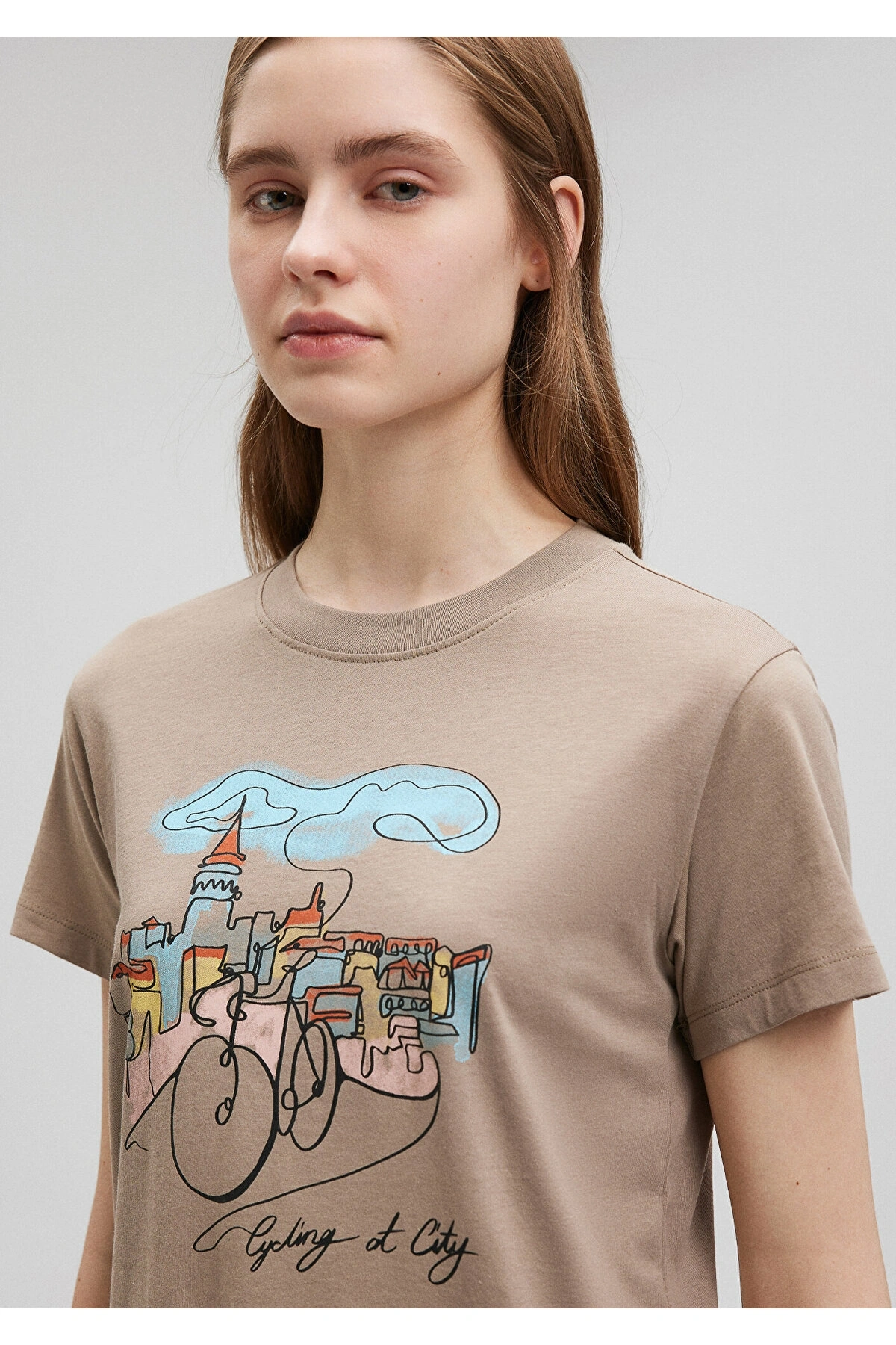Mavi Bisiklet Baskılı Kahverengi Tişört Slim Fit / Dar Kesim