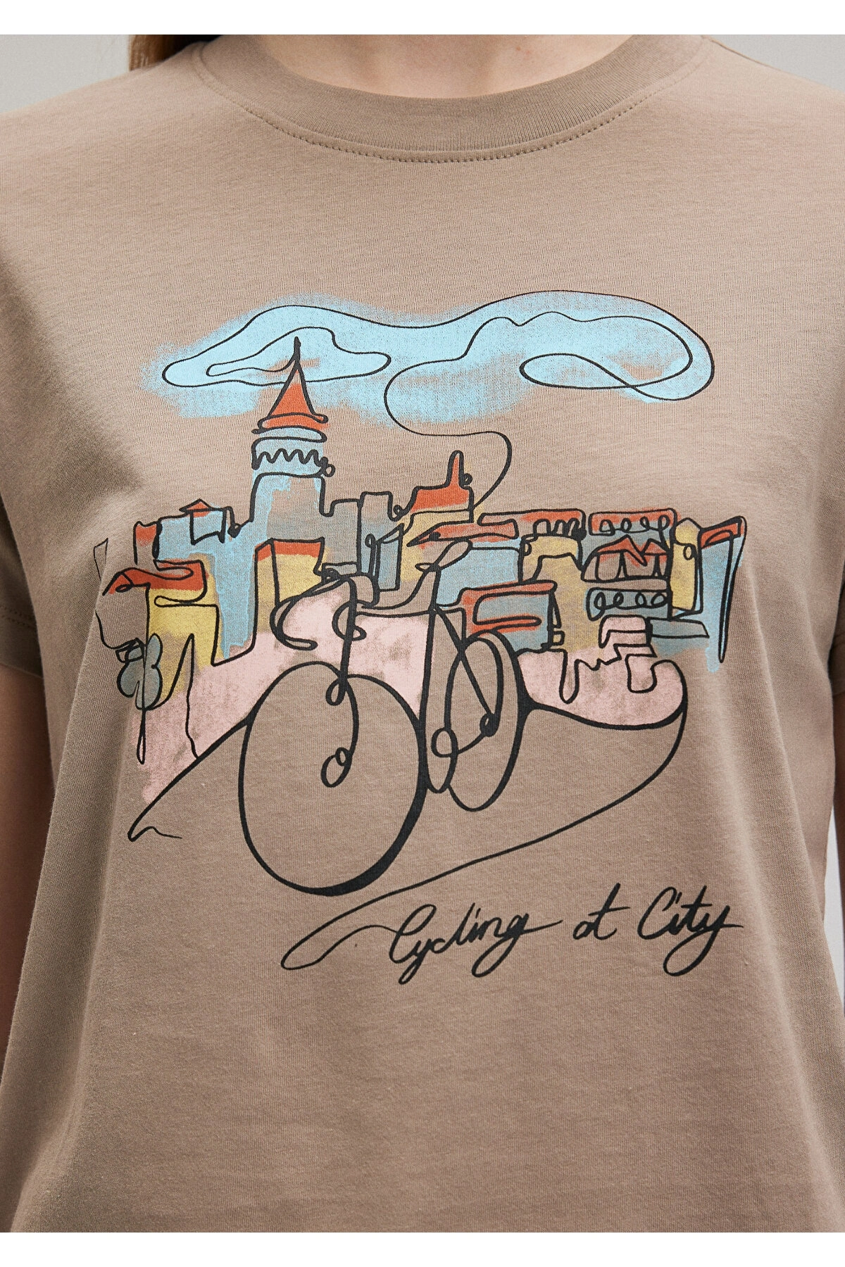 Mavi Bisiklet Baskılı Kahverengi Tişört Slim Fit / Dar Kesim