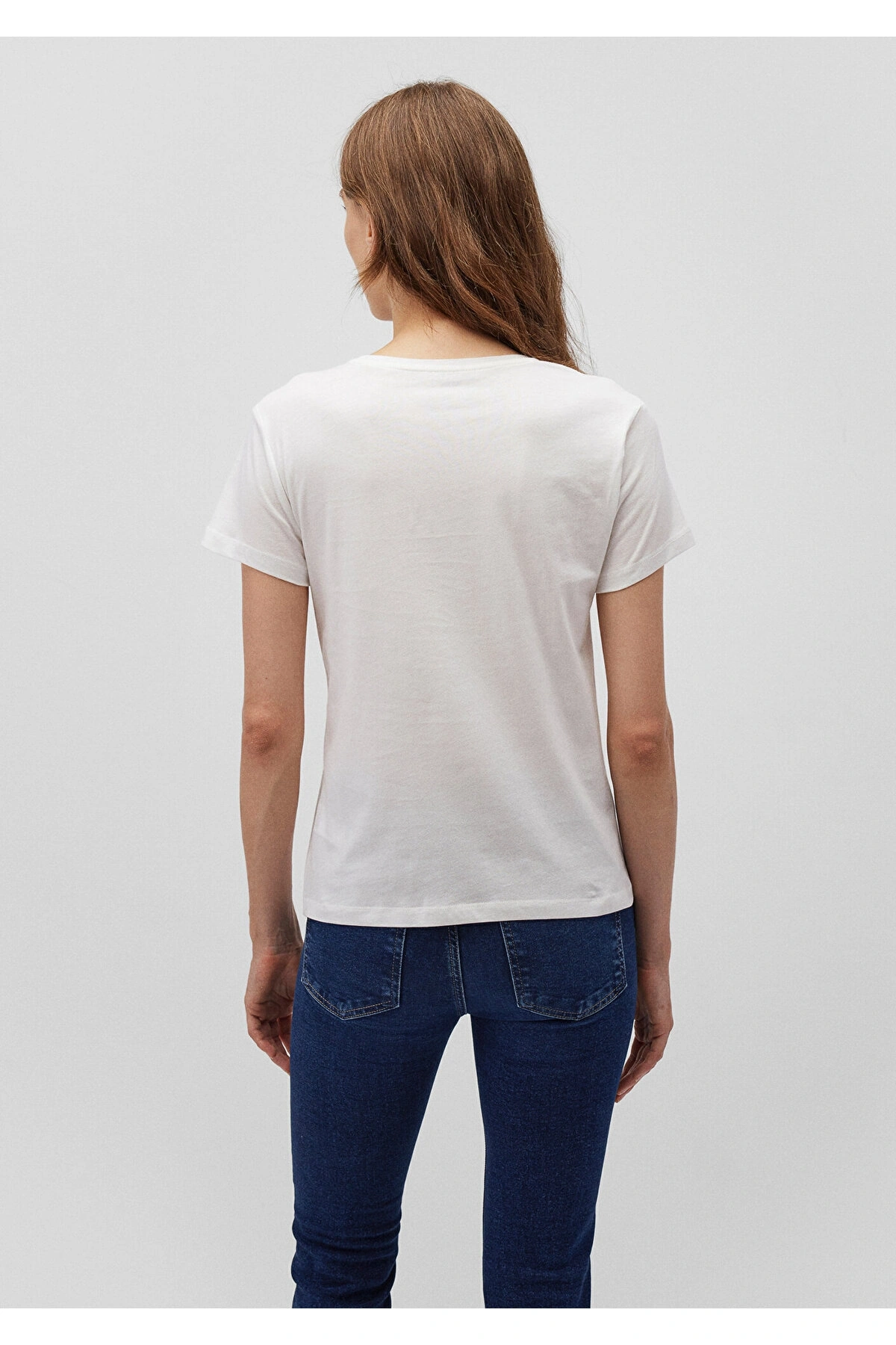 Mavi Çiçek Baskılı Beyaz Tişört Slim Fit / Dar Kesim