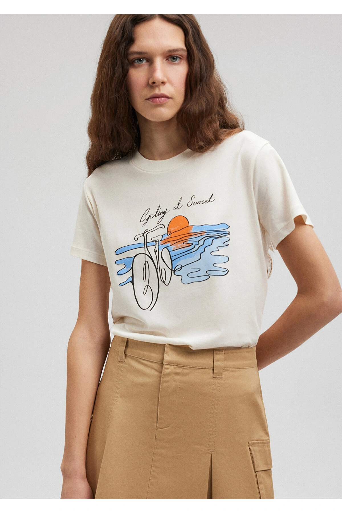 Mavi Bisiklet Baskılı Beyaz Tişört Slim Fit / Dar Kesim