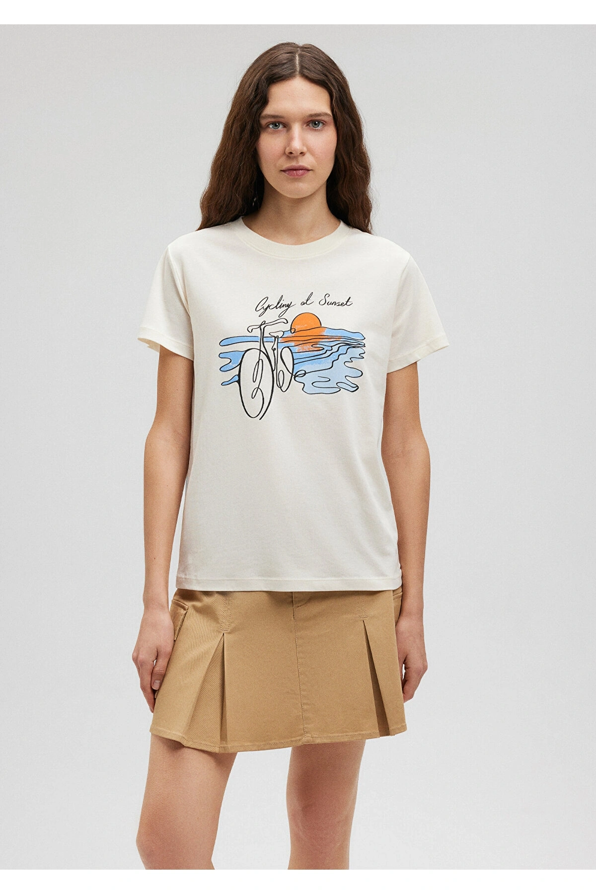 Mavi Bisiklet Baskılı Beyaz Tişört Slim Fit / Dar Kesim