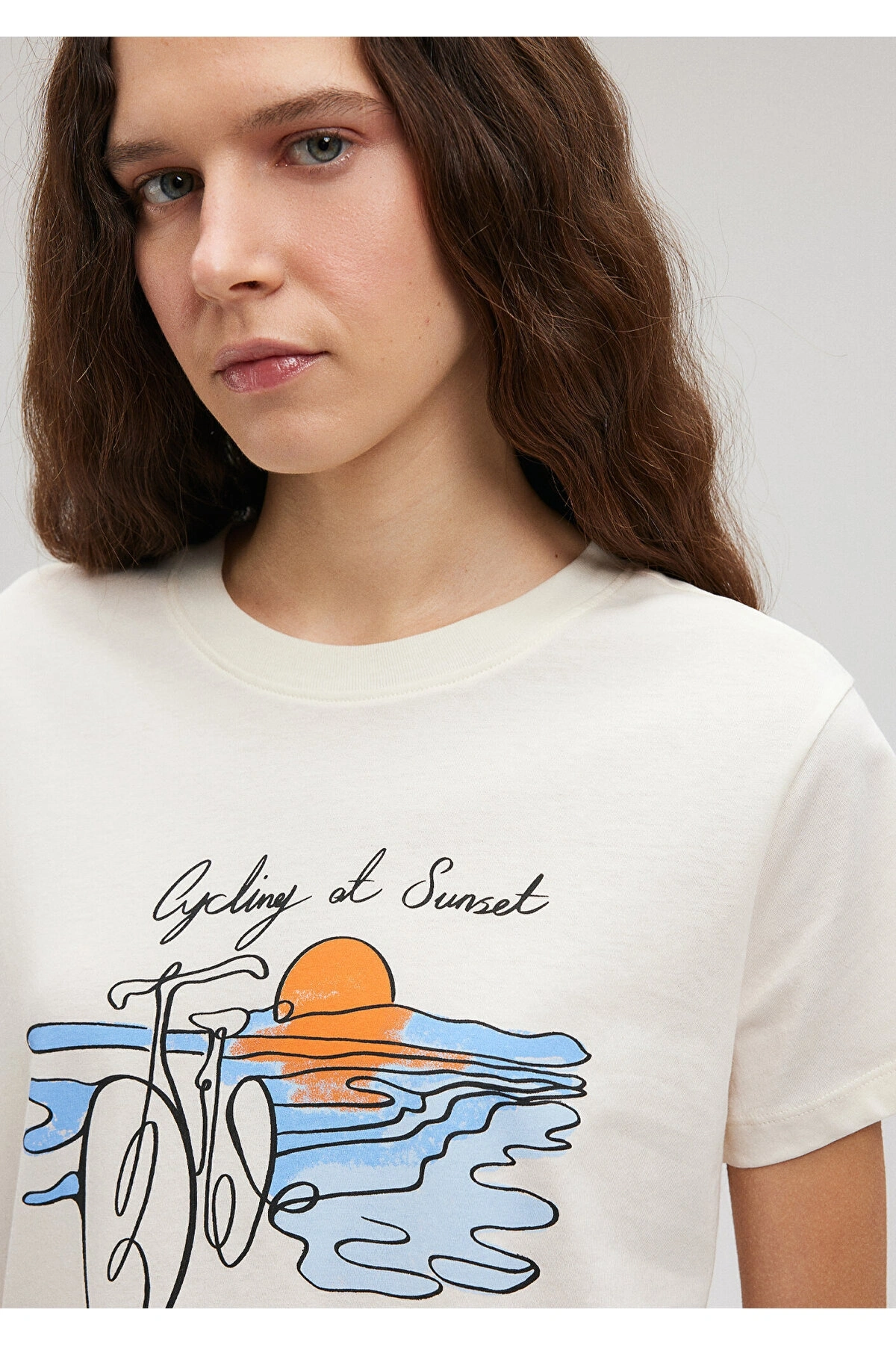 Mavi Bisiklet Baskılı Beyaz Tişört Slim Fit / Dar Kesim