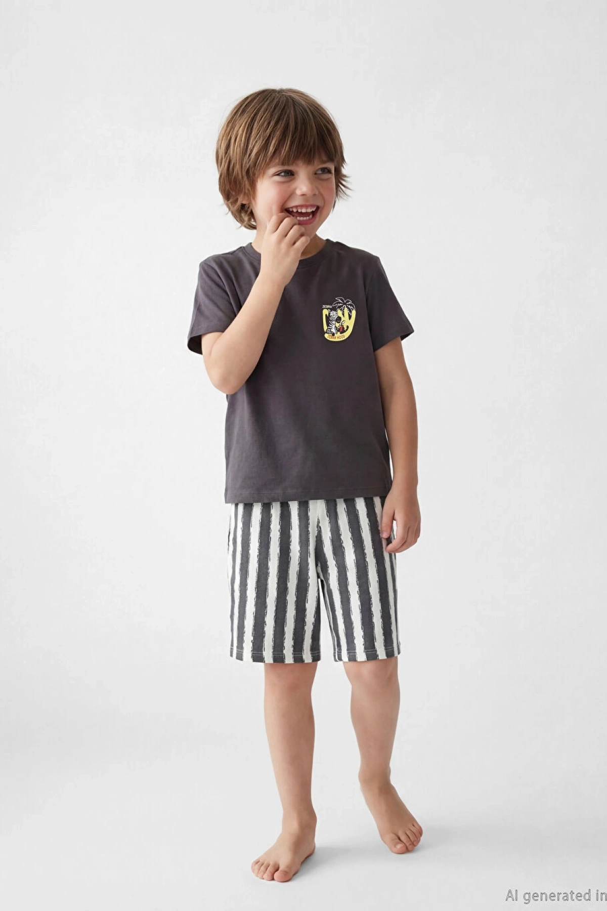 LCW Kids Antrasit Bisiklet Yaka Erkek Çocuk Şortlu Pijama Takımı