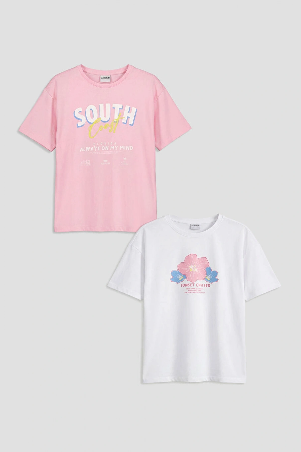 LCW Kids Pembe Bisiklet Yaka Baskılı Kız Çocuk Tişört 2li