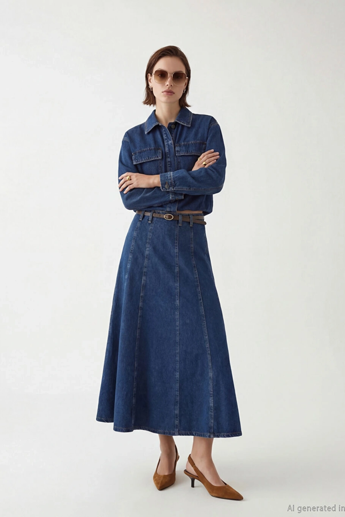 LCW Vision Indigo Yüksek Bel Kemerli Kloş Jean Etek