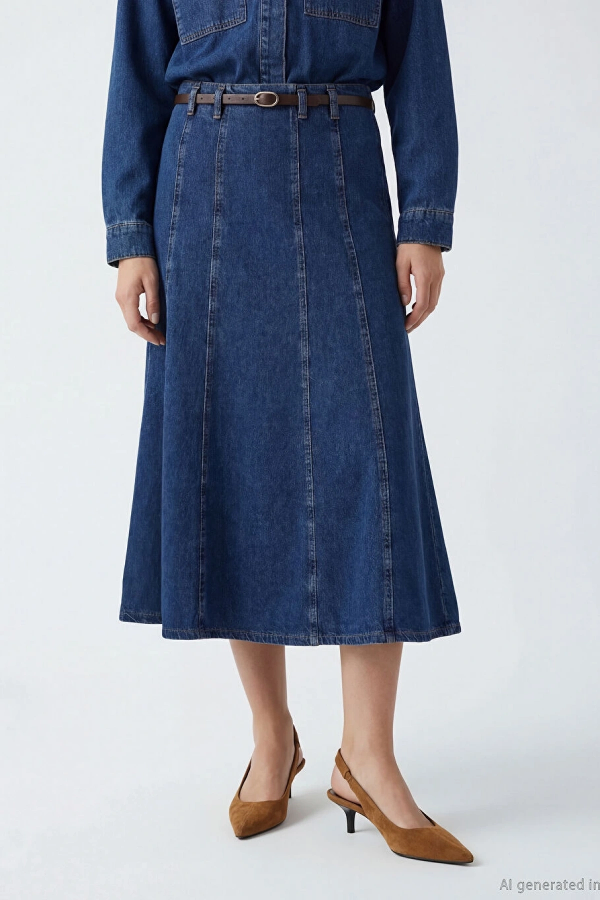 LCW Vision Indigo Yüksek Bel Kemerli Kloş Jean Etek