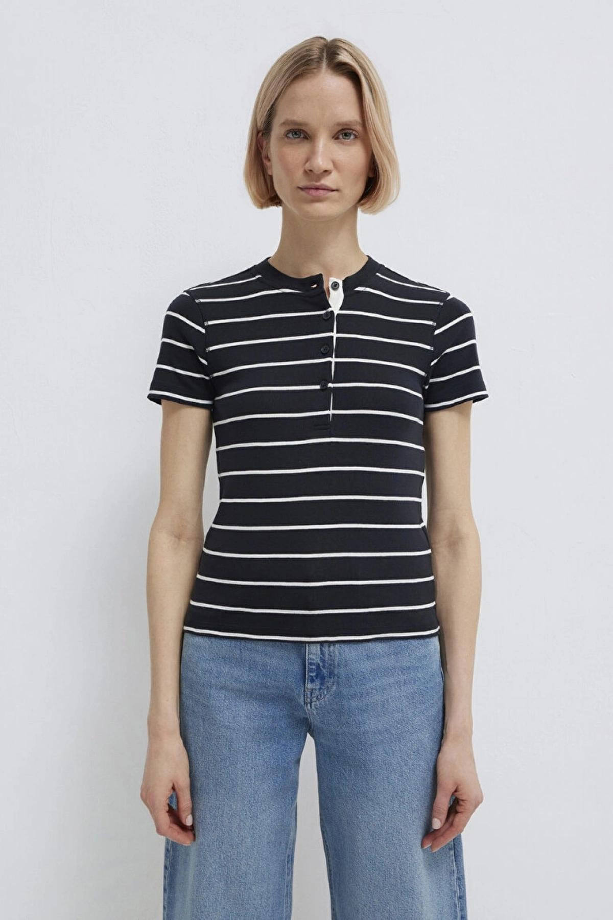 MAVİ Yarı Düğmeli Çizgili Lacivert Tişört