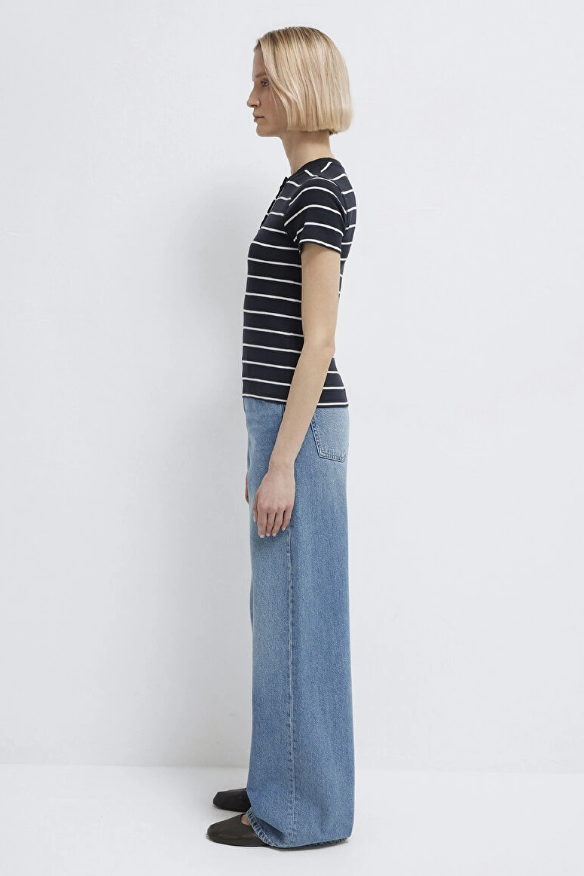 MAVİ Yarı Düğmeli Çizgili Lacivert Tişört