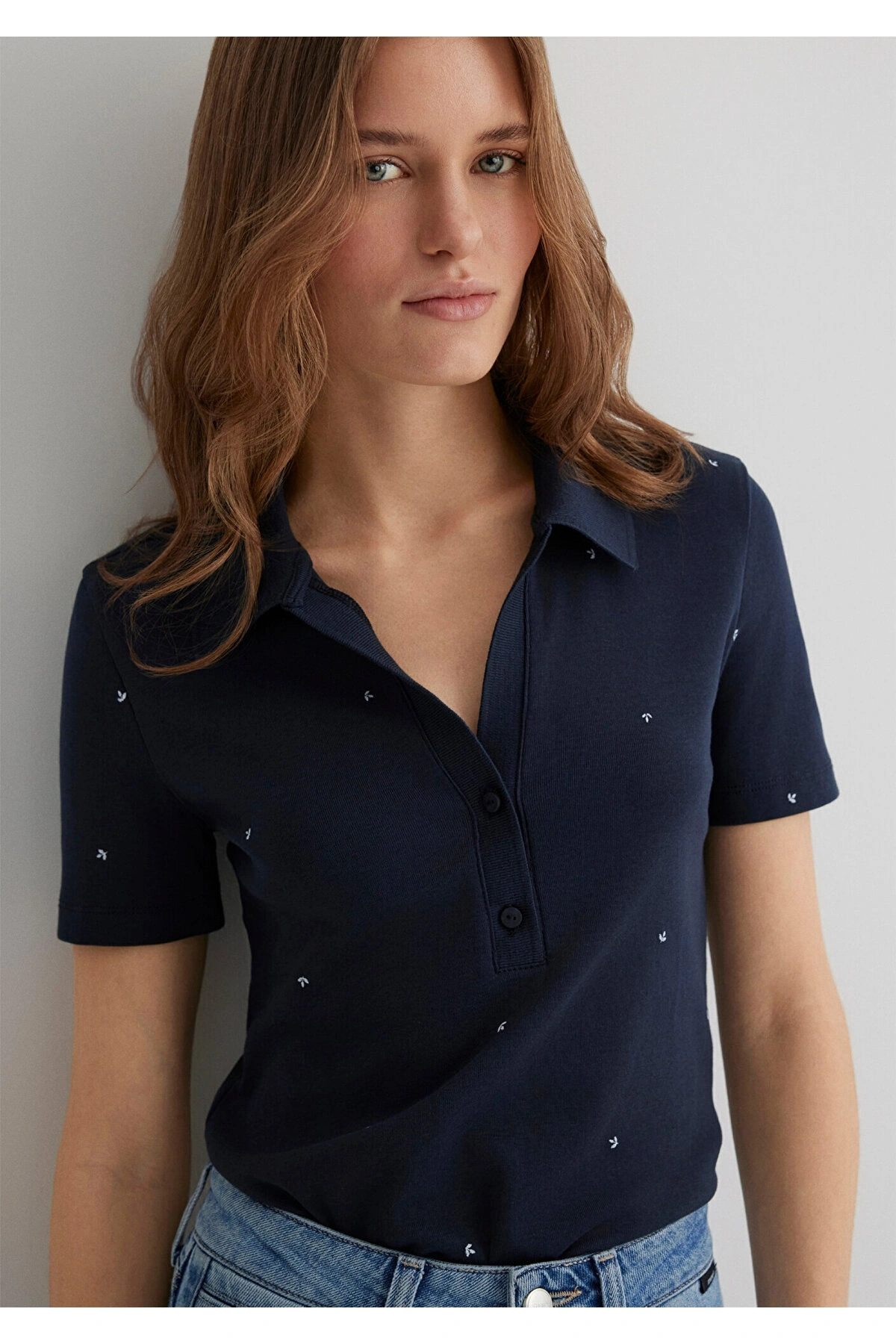 Mavi Mini Baskılı Lacivert Polo Tişört Fitted / Vücuda Oturan Kesim