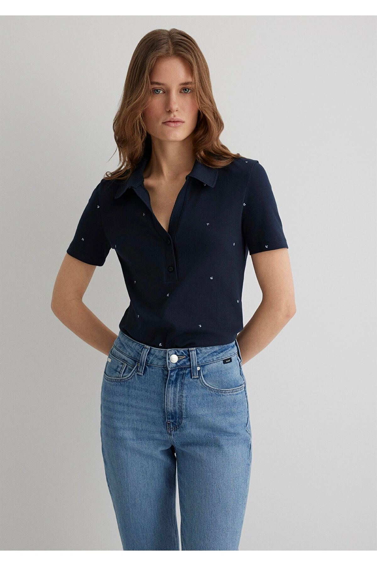 Mavi Mini Baskılı Lacivert Polo Tişört Fitted / Vücuda Oturan Kesim