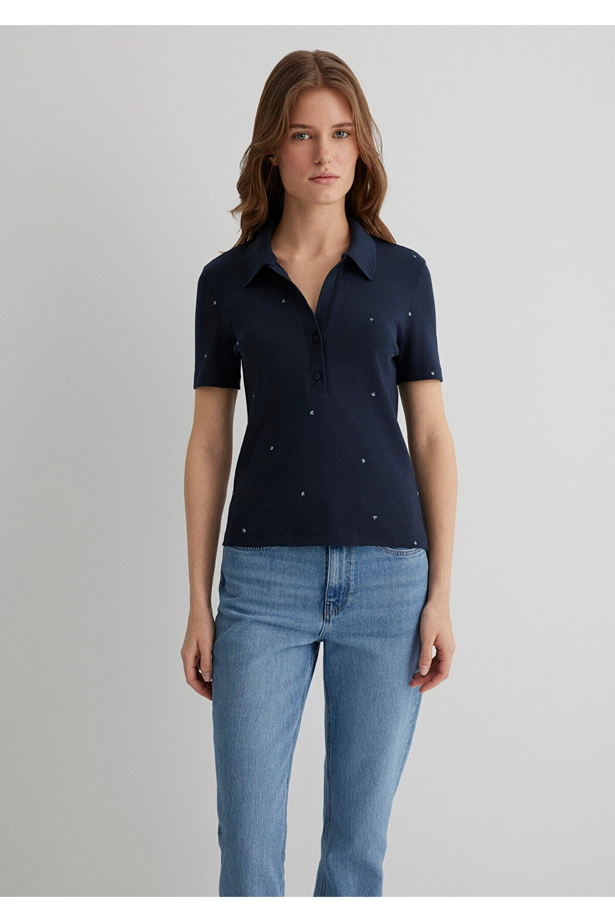 Mavi Mini Baskılı Lacivert Polo Tişört Fitted / Vücuda Oturan Kesim