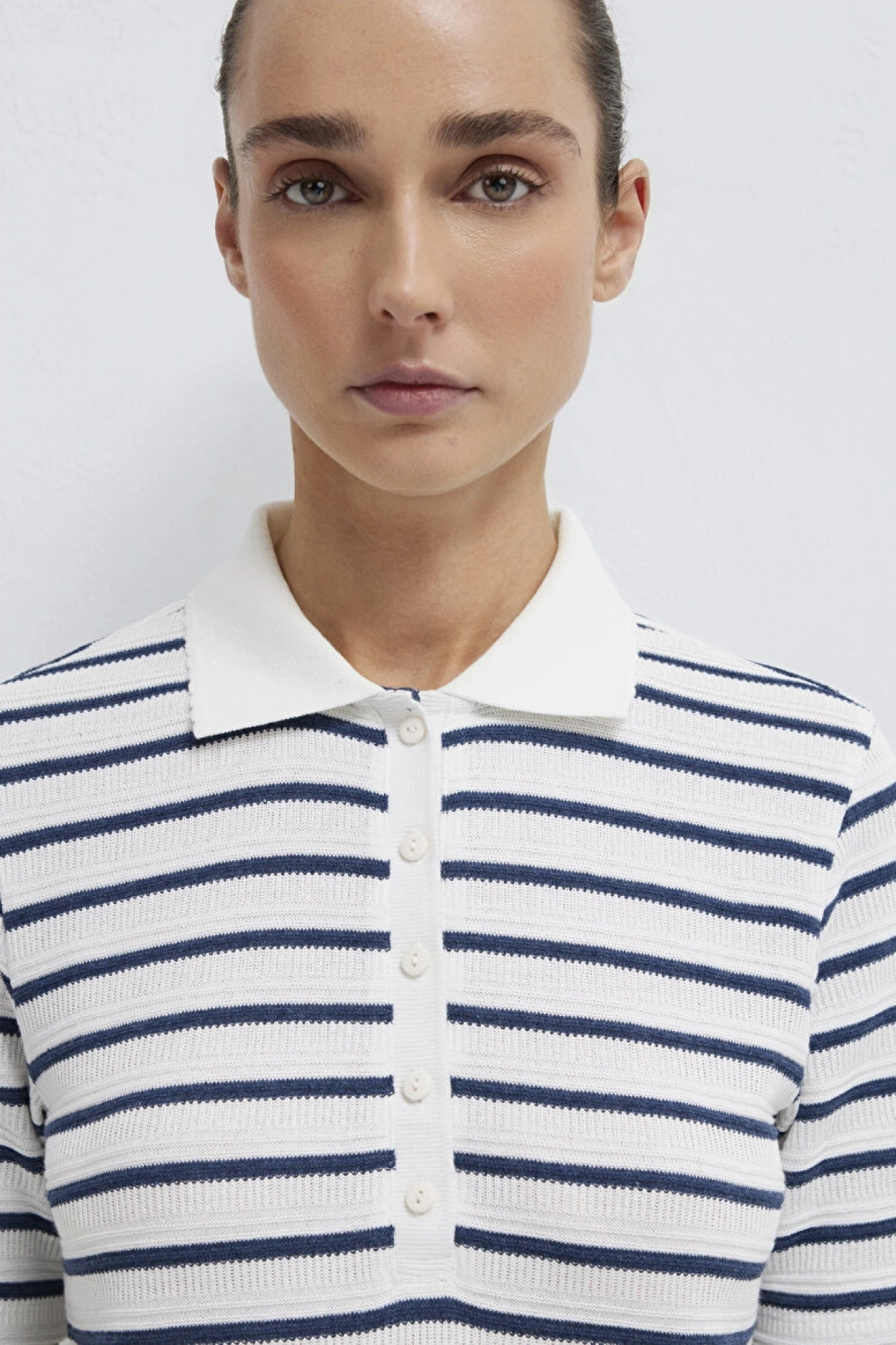 MAVİ Lacivert Çizgi Dokulu Beyaz Polo Tişört