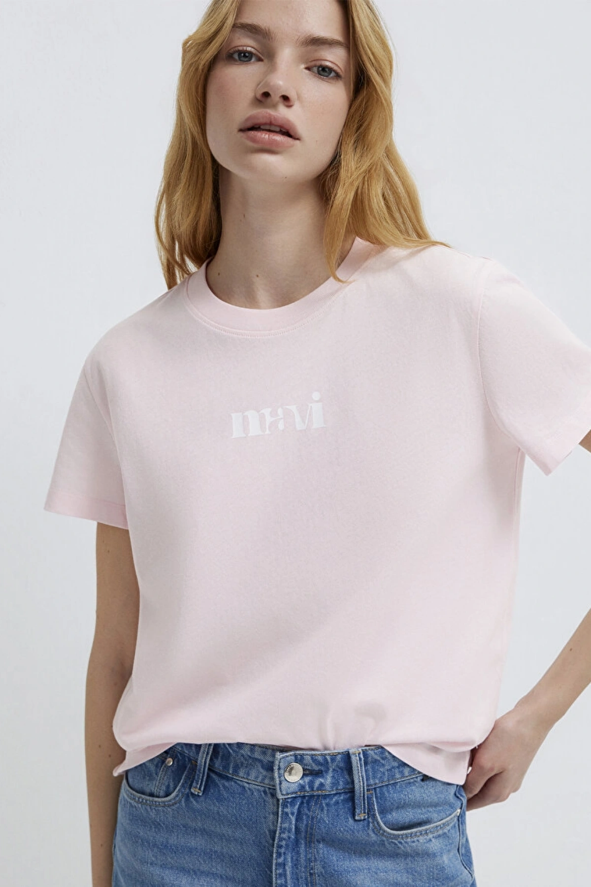 Mavi Logo Baskılı Pembe Tişört