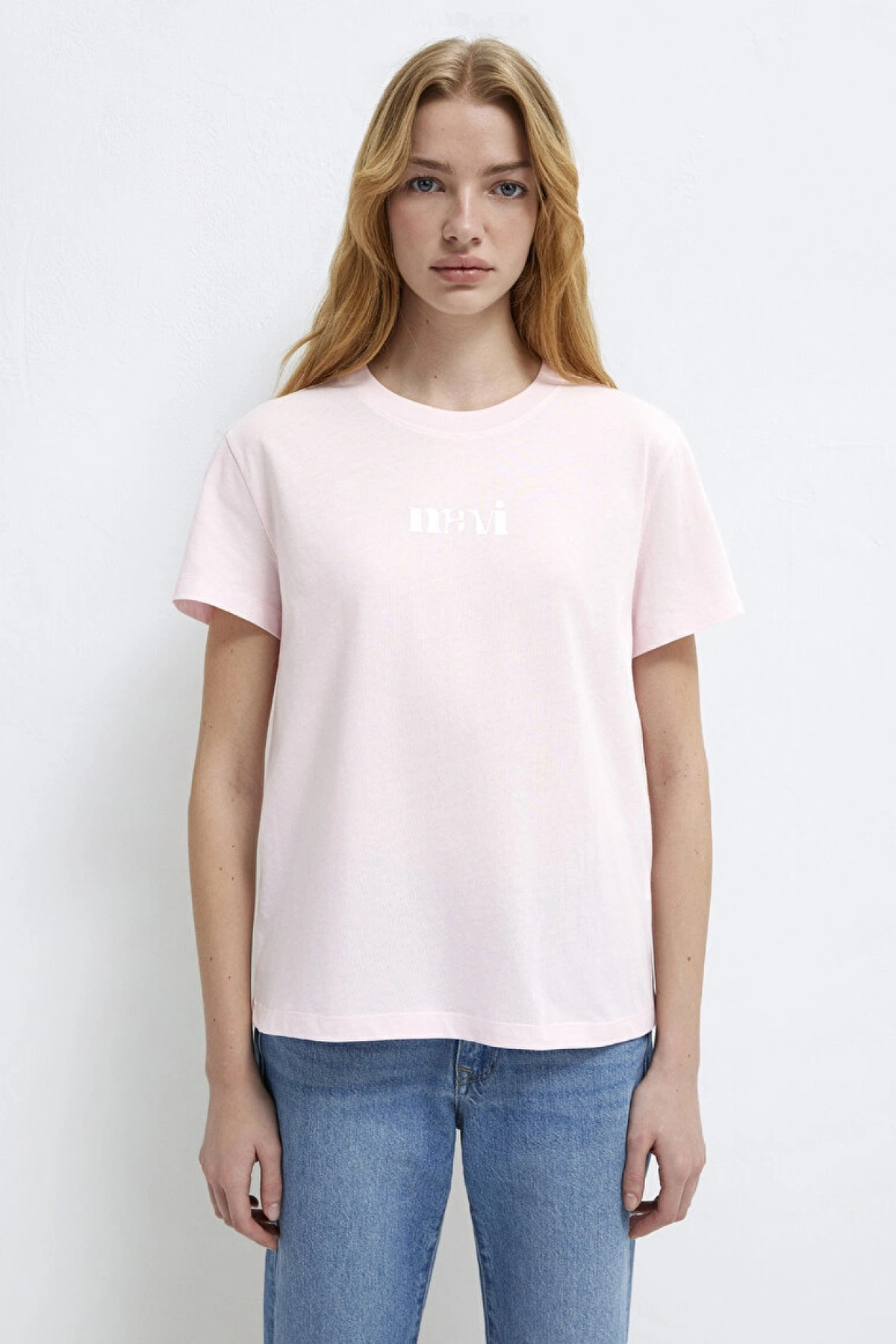 Mavi Logo Baskılı Pembe Tişört