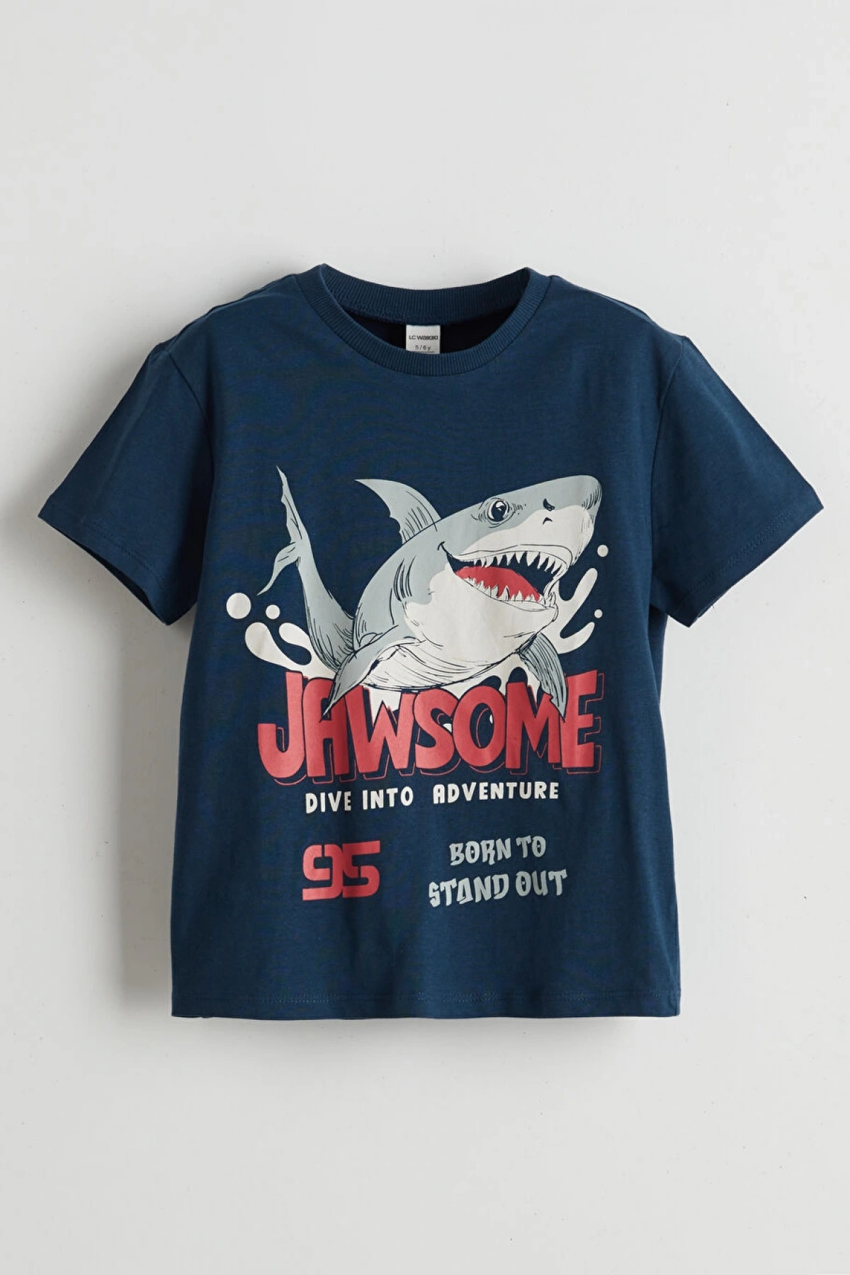 LCW Kids Indigo Bisiklet Yaka Jaws Baskılı Penye Erkek Çocuk Tişört