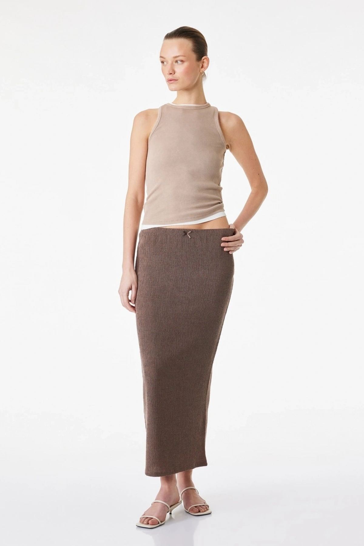 KOTON Bürümcük Kumaş Slim Fit Fiyonk Detaylı Midi Etek