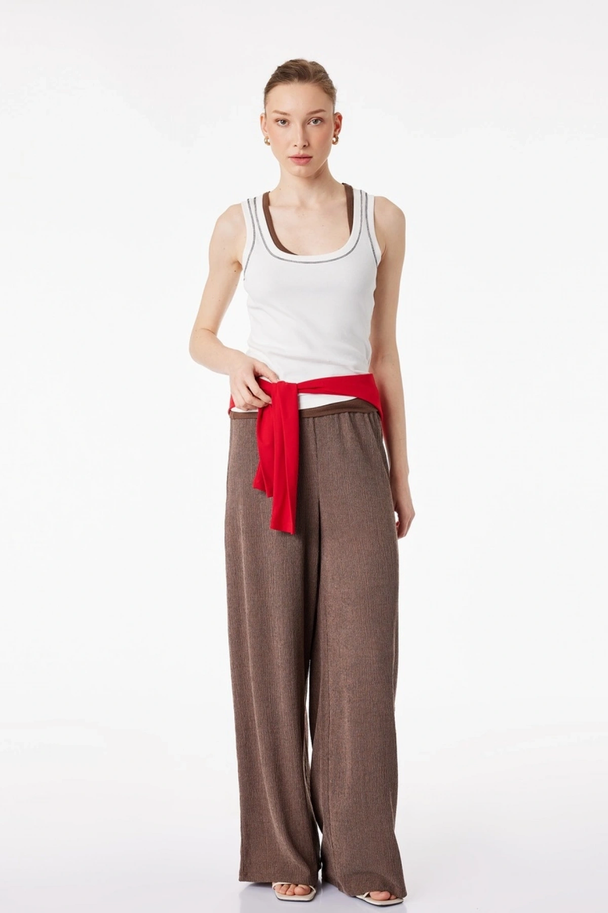 KOTON Bürümcük Kumaş Beli Bağcıklı Geniş Paça Pantolon