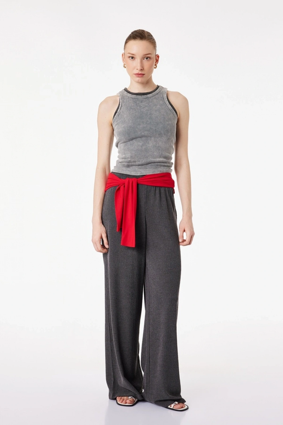 KOTON Bürümcük Kumaş Beli Bağcıklı Geniş Paça Pantolon