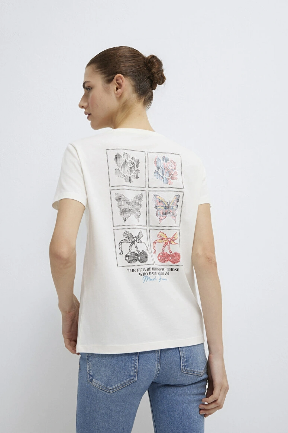 MAVİ Kelebek Baskılı Ekru Tişört