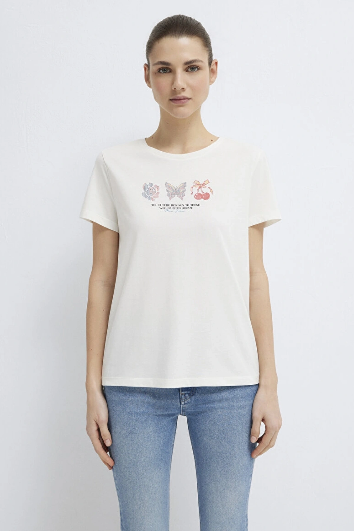 MAVİ Kelebek Baskılı Ekru Tişört