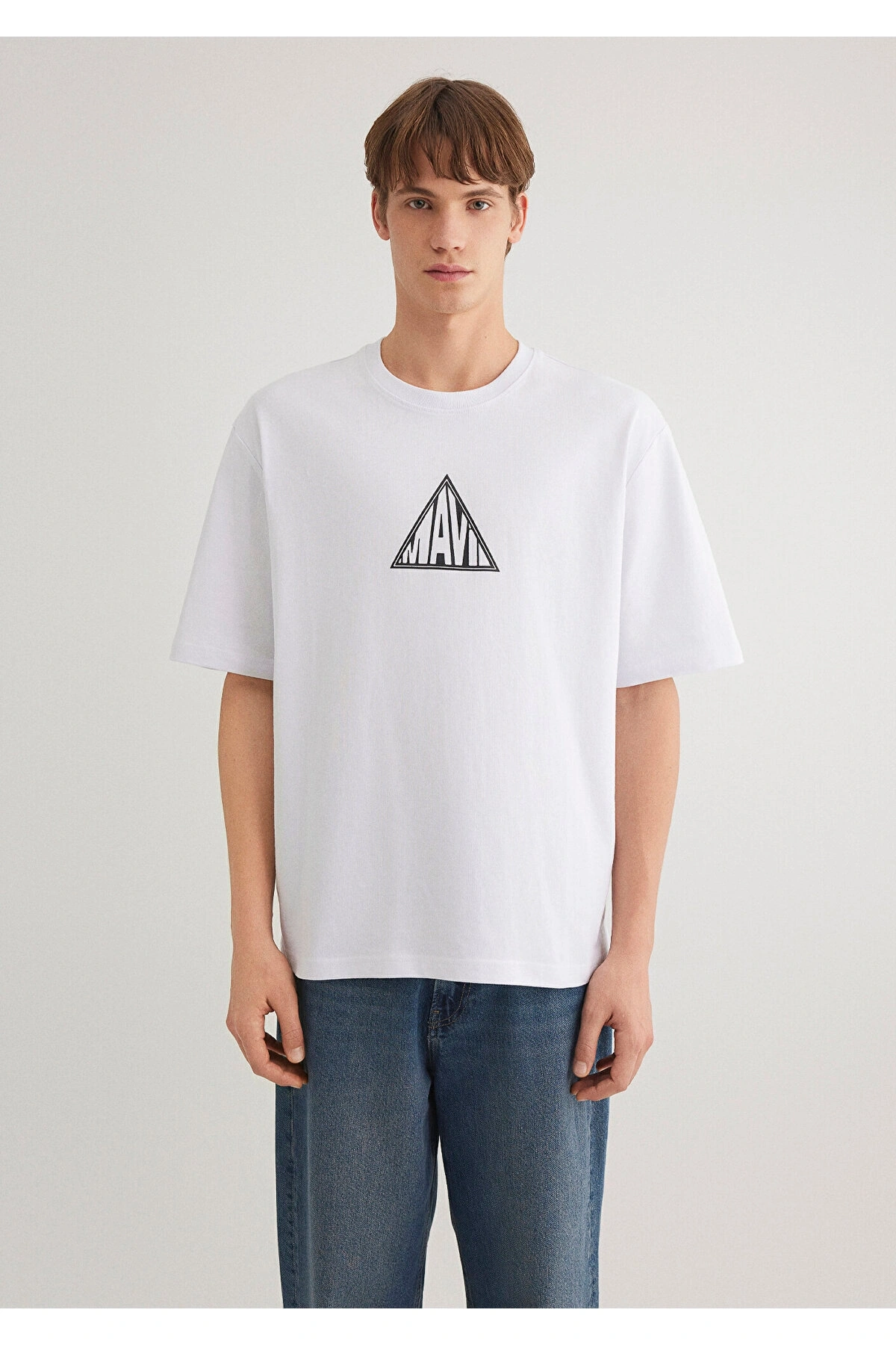 Mavi Baskılı Beyaz Tişört Loose Fit / Bol Rahat Kesim