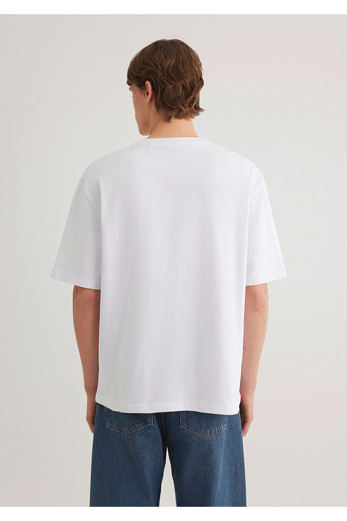 Mavi Baskılı Beyaz Tişört Loose Fit / Bol Rahat Kesim