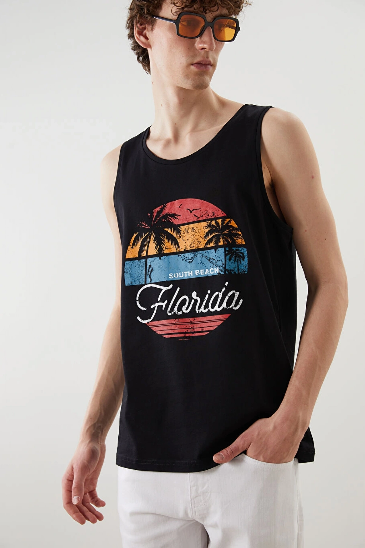 XSIDE Siyah Florida Baskılı Erkek Kolsuz Tişört