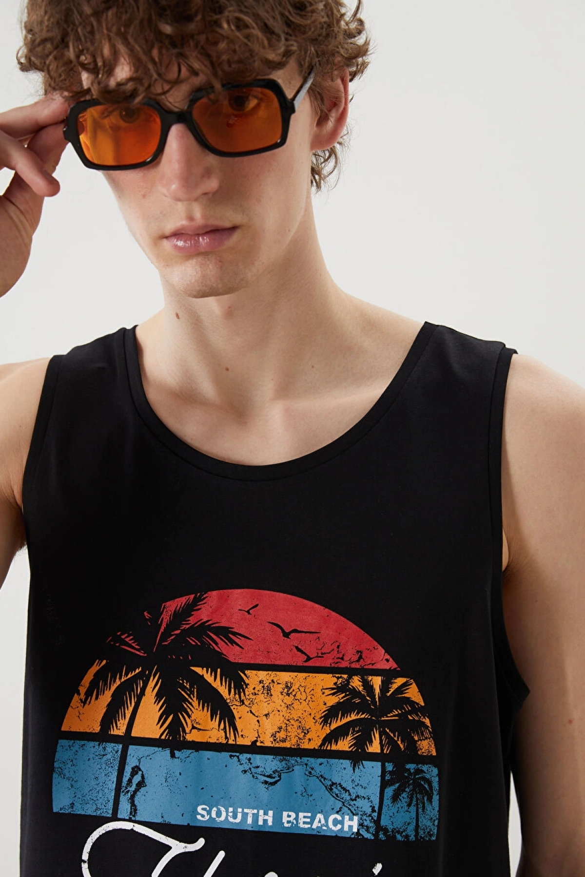 XSIDE Siyah Florida Baskılı Erkek Kolsuz Tişört