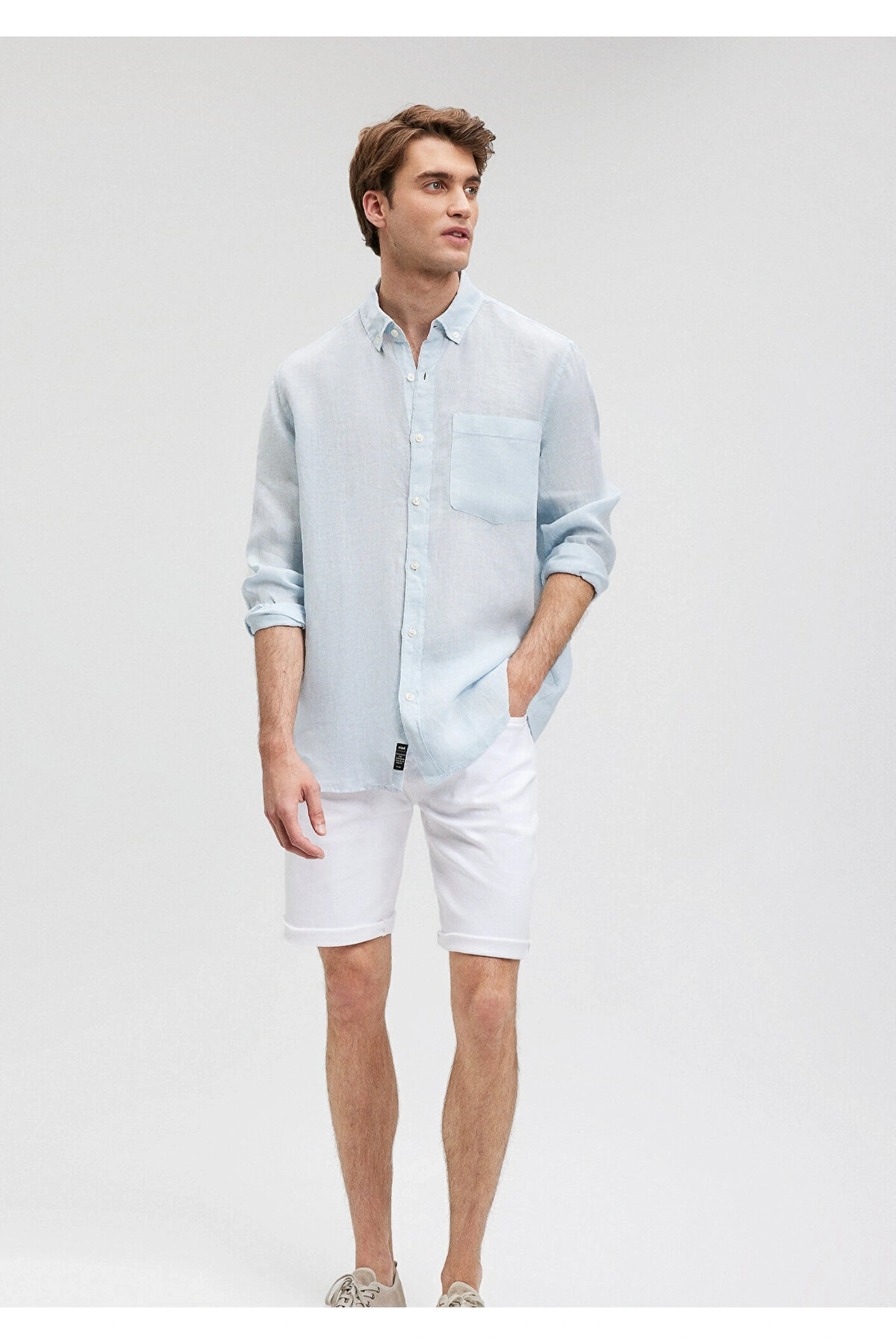 Mavi Keten Karışımlı Mavi Gömlek Regular Fit / Normal Kesim
