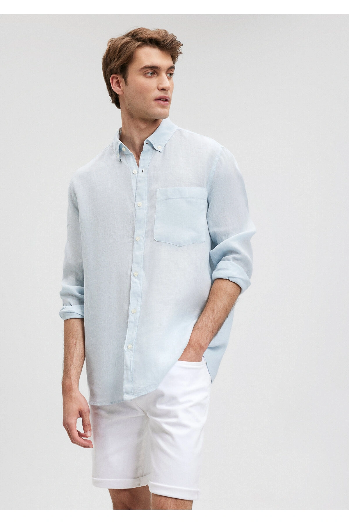 Mavi Keten Karışımlı Mavi Gömlek Regular Fit / Normal Kesim