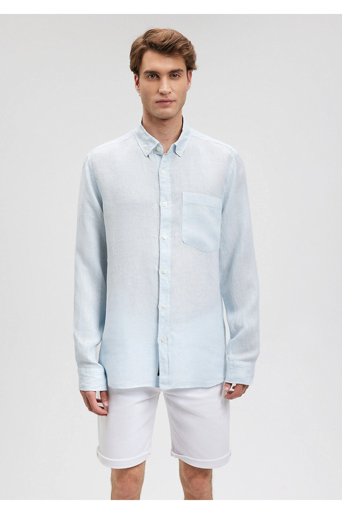 Mavi Keten Karışımlı Mavi Gömlek Regular Fit / Normal Kesim