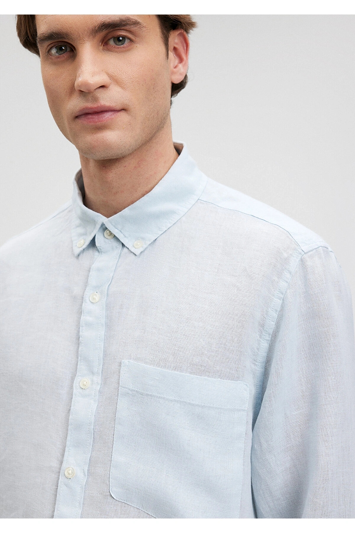 Mavi Keten Karışımlı Mavi Gömlek Regular Fit / Normal Kesim