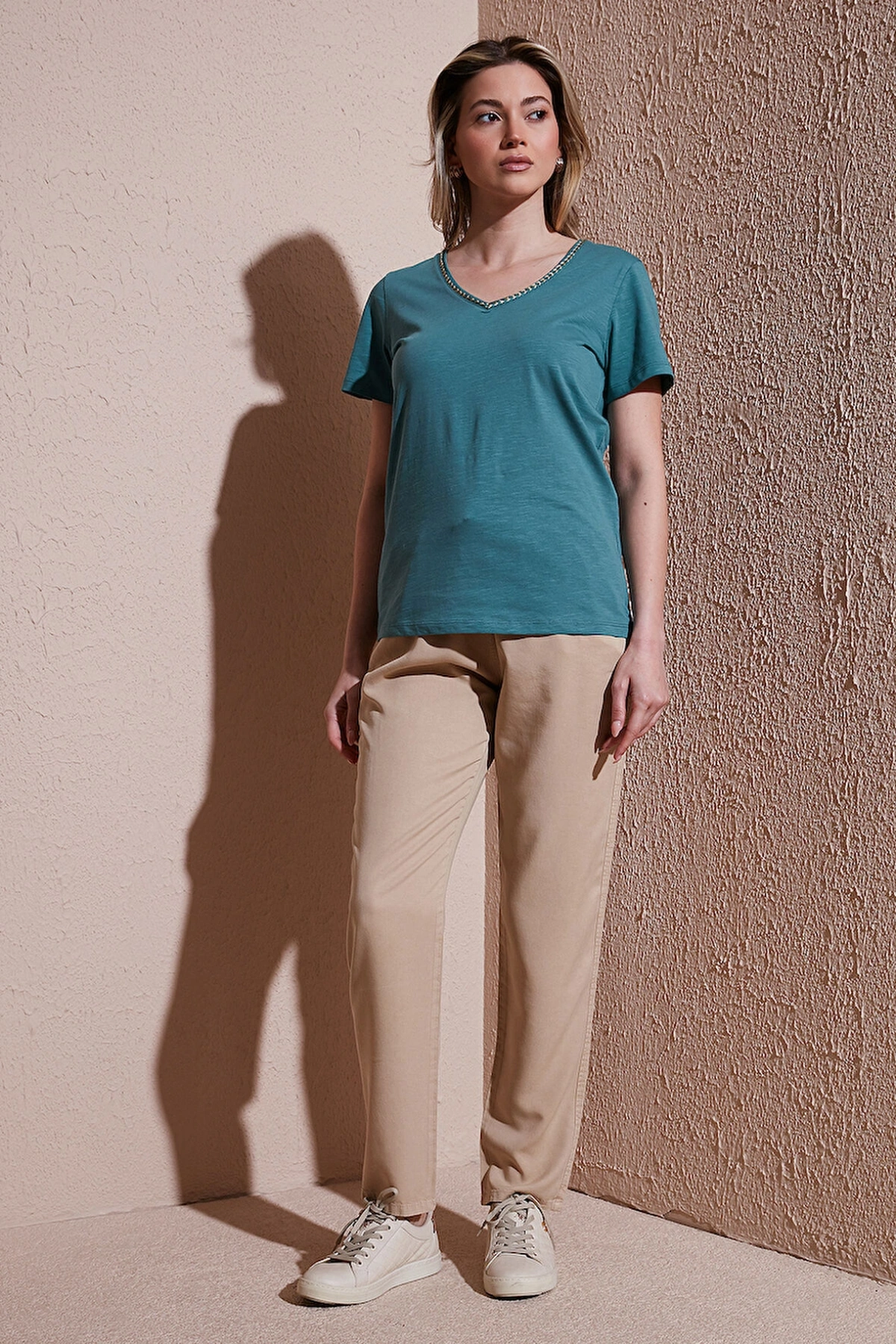 Fashion Friends Rahat Esnek Beli Bağlamalı Pantolon Bej