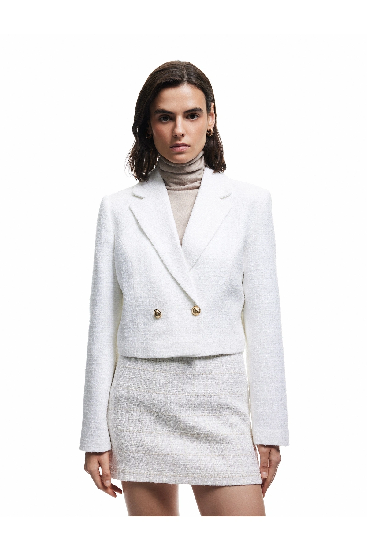 KOTON Koton Kruvaze Uzun Kollu Tüvit Crop Blazer Ceket