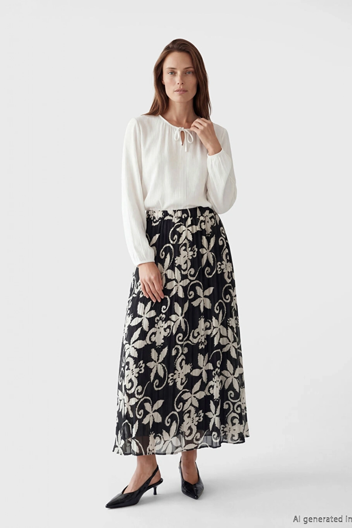 LCW Grace Siyah Beli Lastikli Çiçekli Şifon Pileli Etek