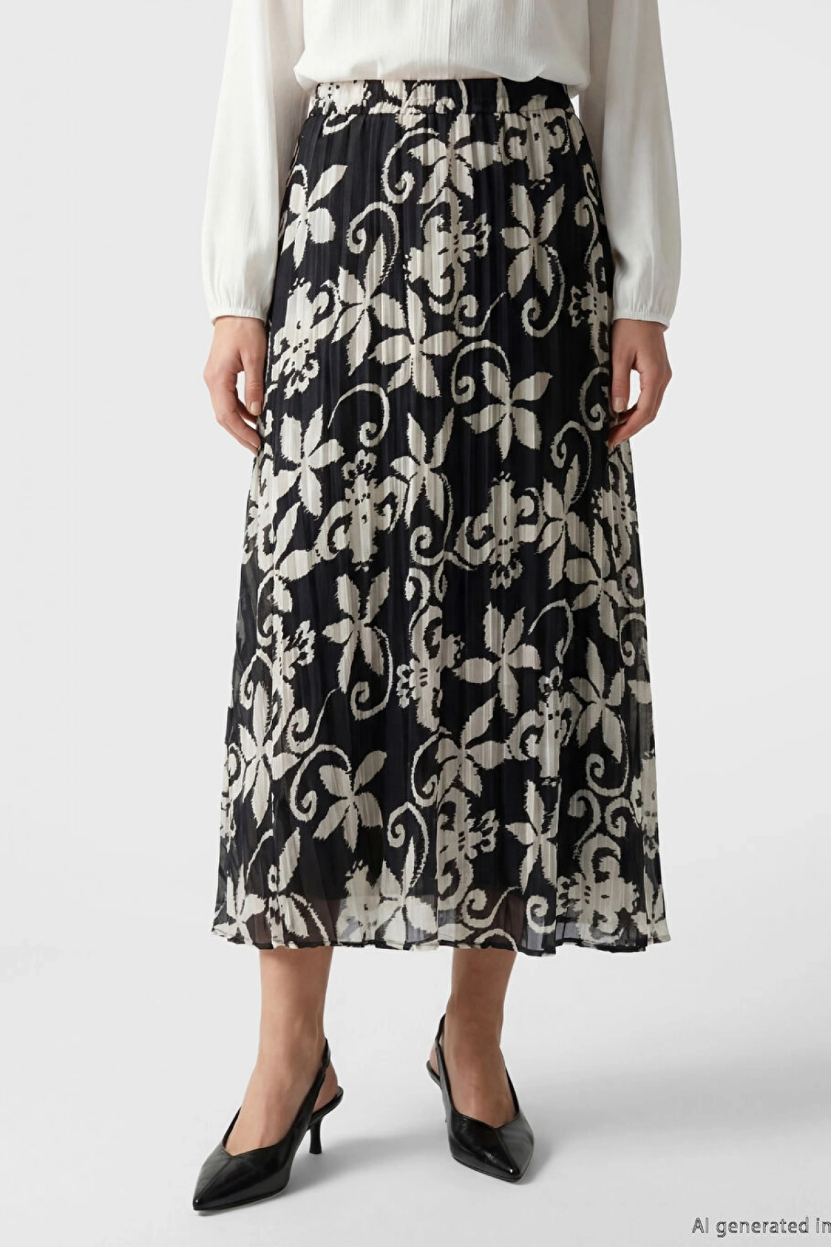 LCW Grace Siyah Beli Lastikli Çiçekli Şifon Pileli Etek