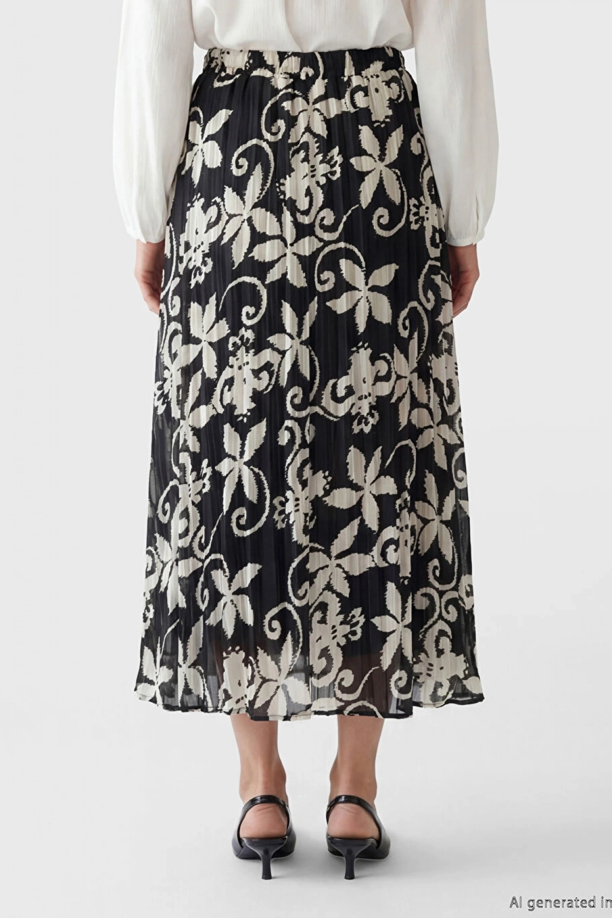 LCW Grace Siyah Beli Lastikli Çiçekli Şifon Pileli Etek