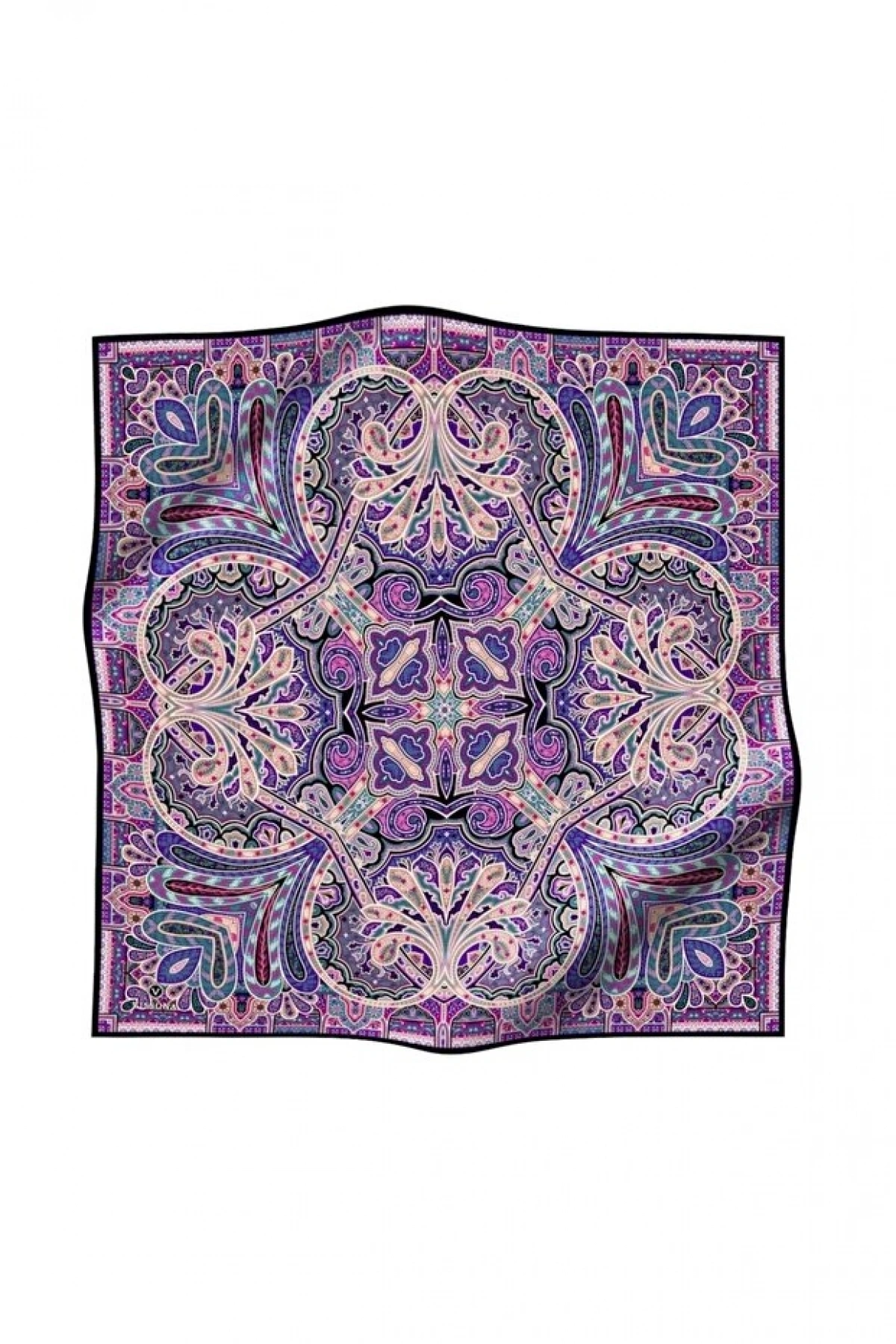 Vissona 100% Twill İpek Etnik Desenli Mor - Petrol Yeşili Renkli 90x90 Dikim Şekli : El Dikişi Eşarp