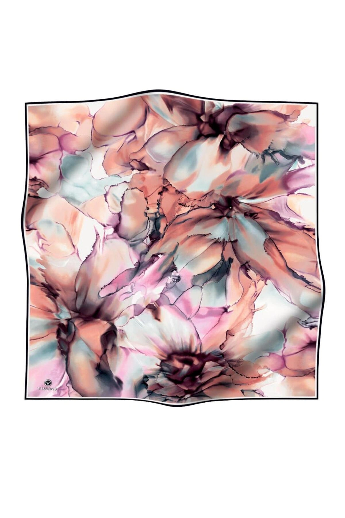 Vissona %100 Twill İpek Batik Çiçek Desenli Somon - Lila Renkli 90x90 Eşarp Kenar Dikiş Şekli El Dikişli