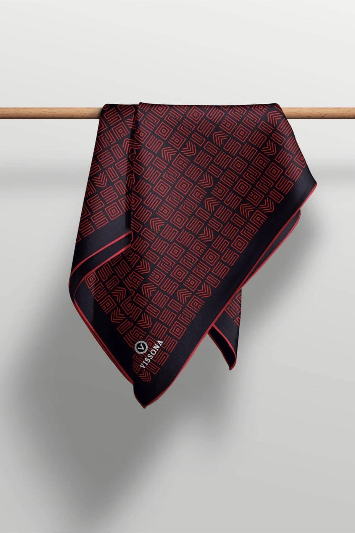 Vissona 100% Twill İpek Etnik Motif Desenli Siyah - Kırmızı Renkli 90x90 Dikim Şekli : El Dikişi Eşarp