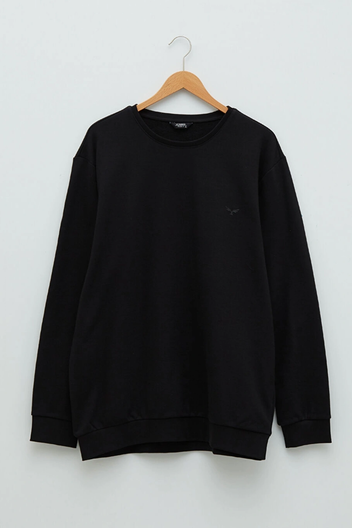 LCWAIKIKI Basic Siyah Büyük Beden Bisiklet Yaka Uzun Kollu Basic Erkek Sweatshirt