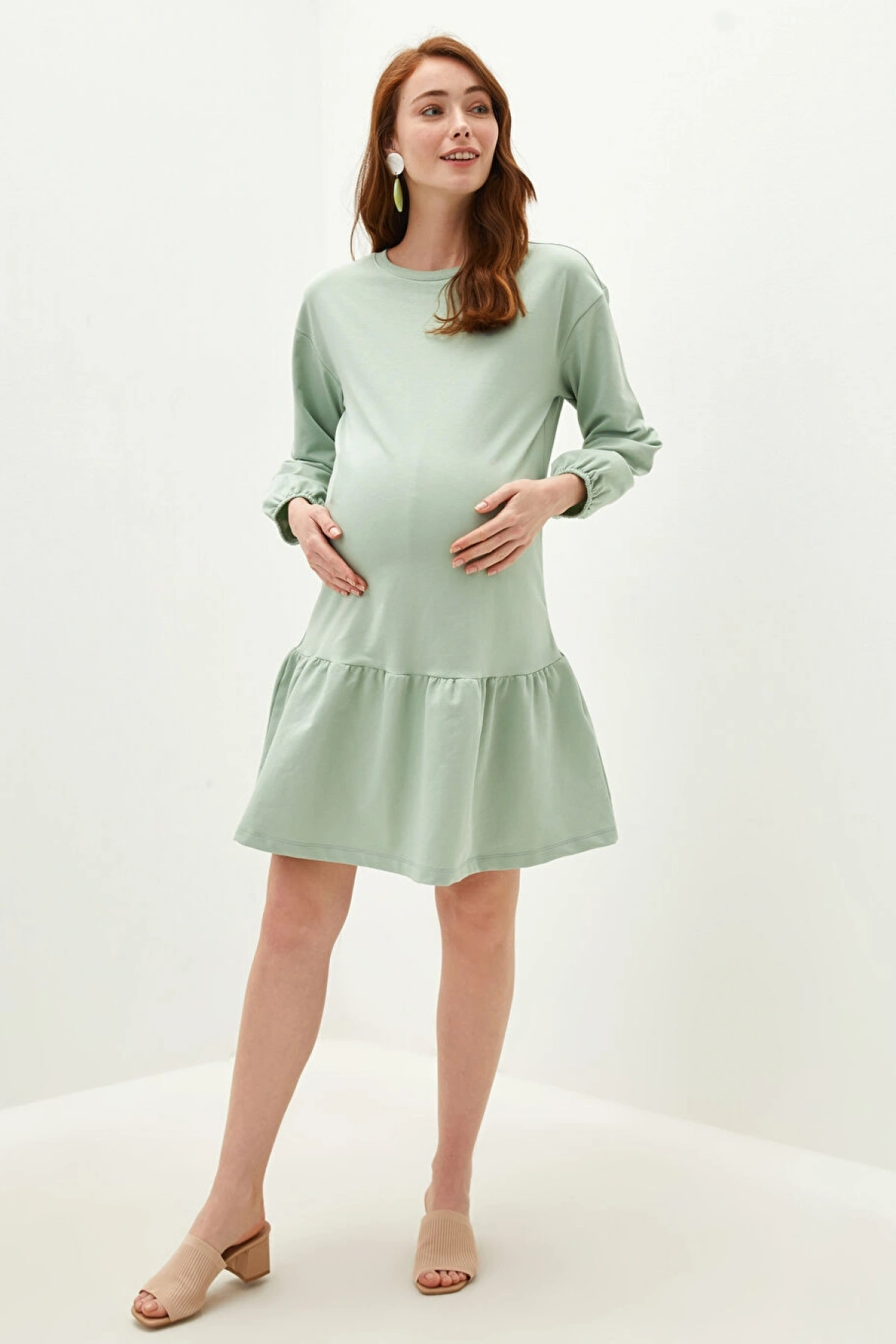 LCWAIKIKI Maternity Yeşil Bisiklet Yaka Düz Uzun Kollu Volanlı Hamile Elbise