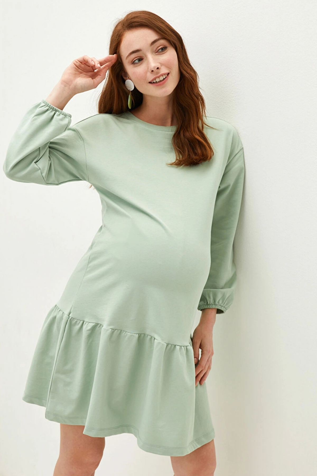 LCWAIKIKI Maternity Yeşil Bisiklet Yaka Düz Uzun Kollu Volanlı Hamile Elbise