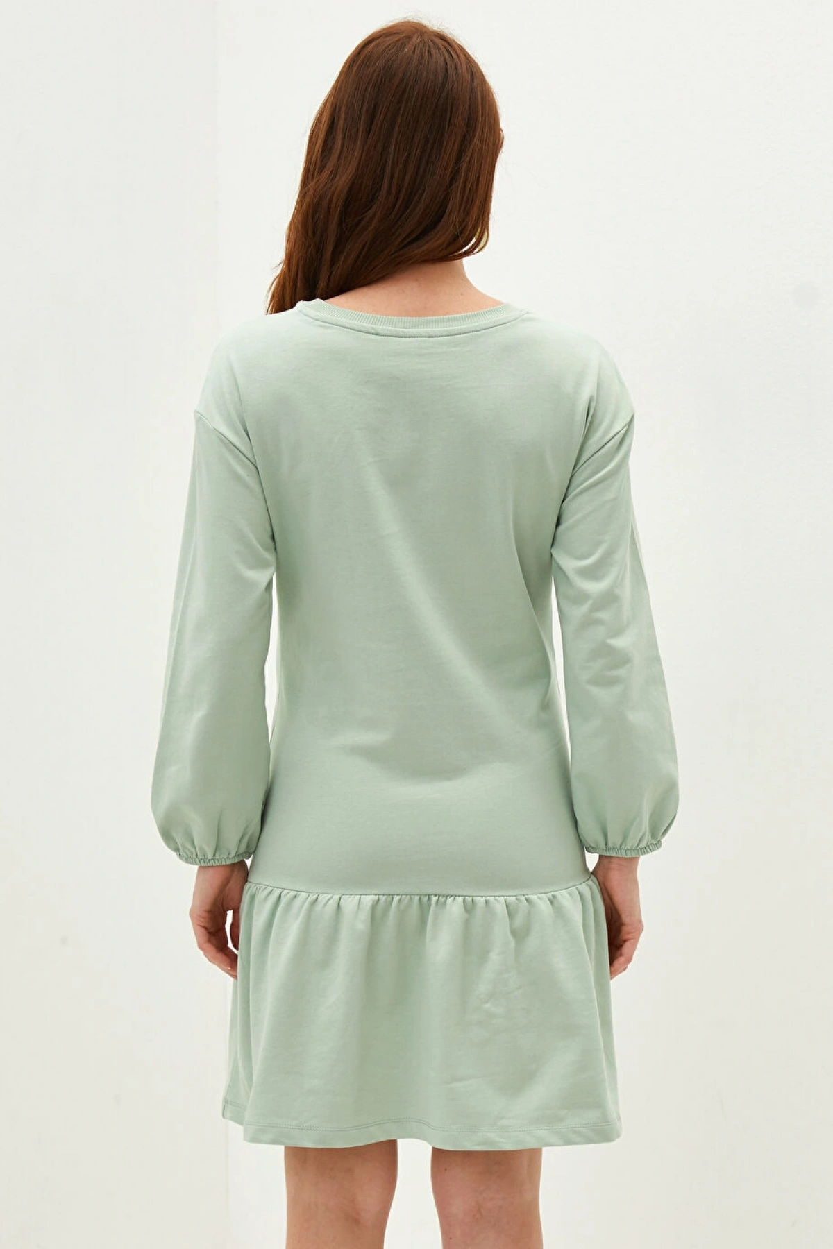 LCWAIKIKI Maternity Yeşil Bisiklet Yaka Düz Uzun Kollu Volanlı Hamile Elbise