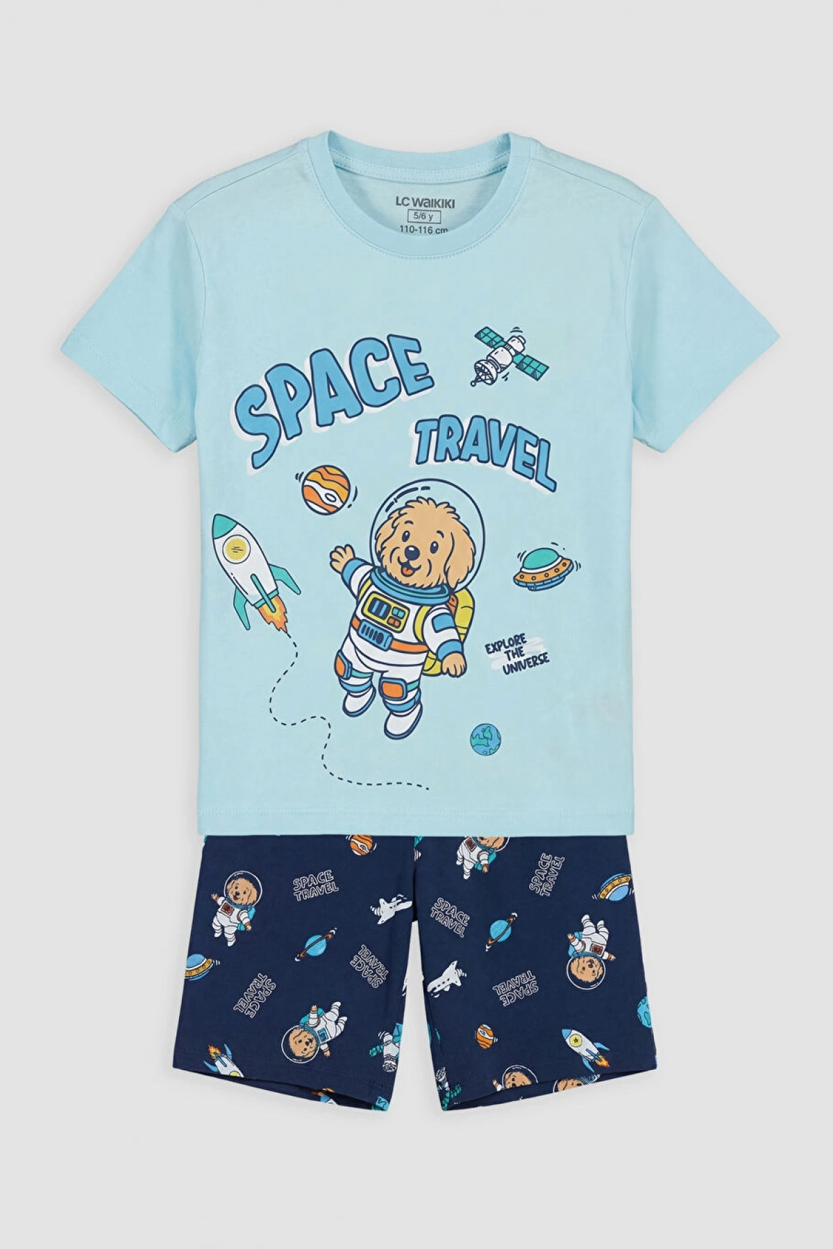 LCW Kids Mavi Bisiklet Yaka Erkek Çocuk Şortlu Pijama Takım