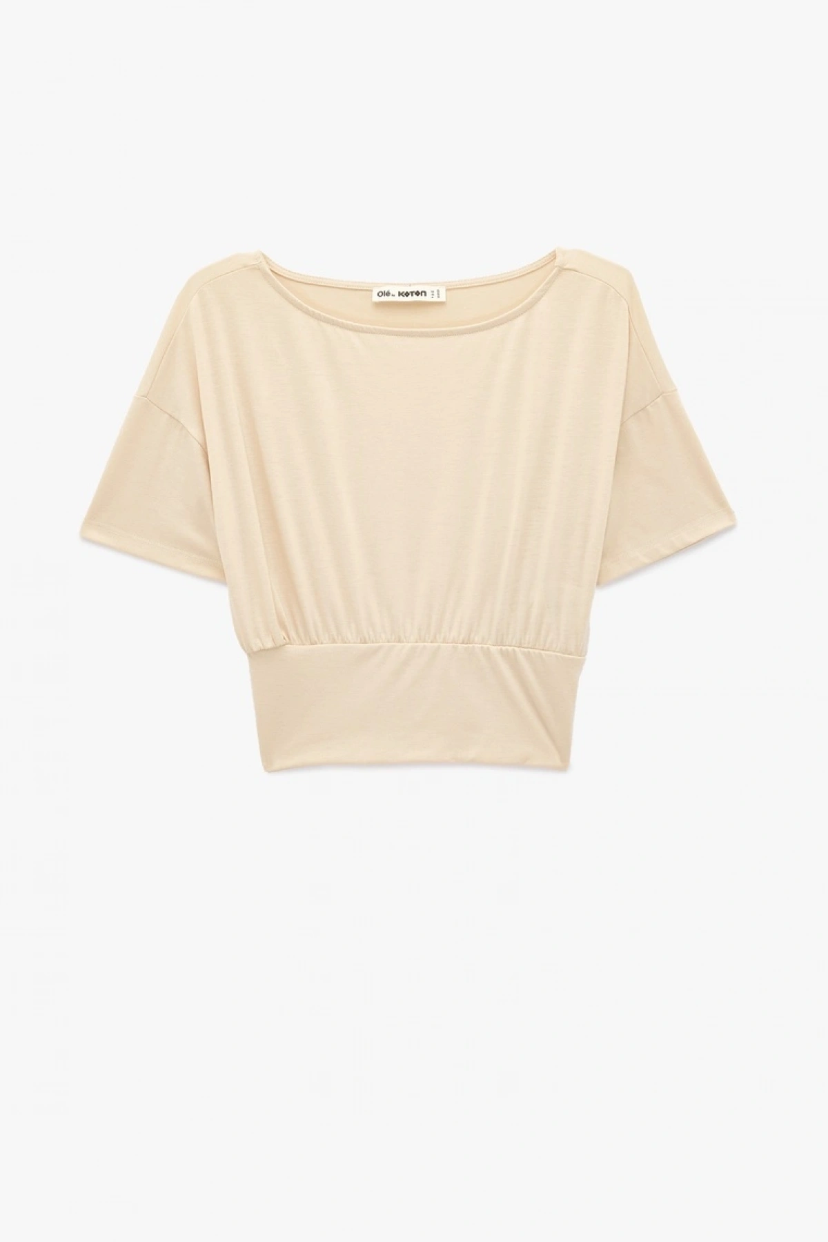 Koton Kısa Kollu Viskon Karışımlı Kayık Yaka Crop Tişört