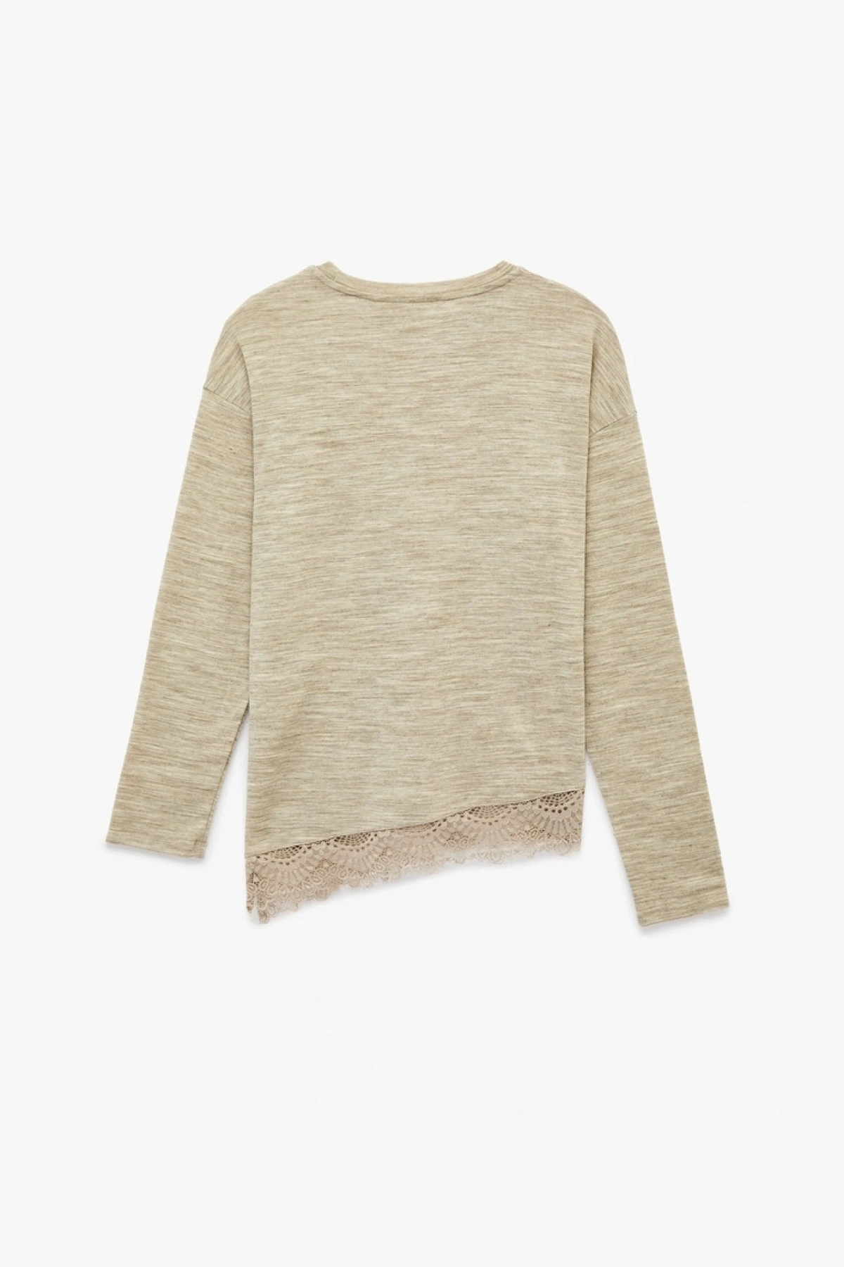 Koton Bisiklet Yaka Uzun Kollu Asimetrik Kesim Dantel Detaylı Tişört