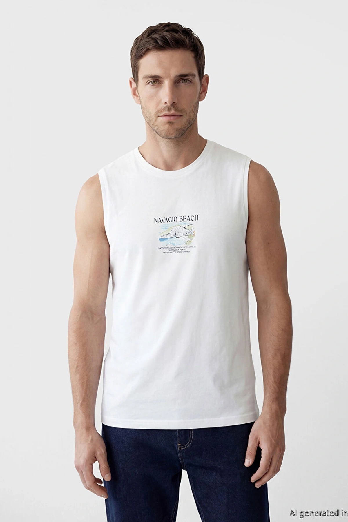 LCWAIKIKI Classic Beyaz Bisiklet Yaka Baskılı Erkek Kolsuz Tişört